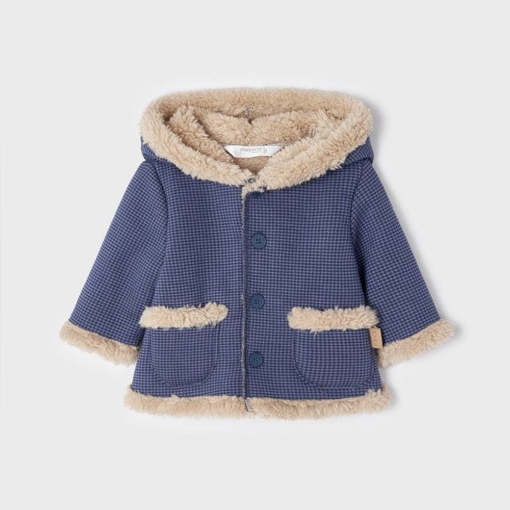 Mayoral Infant Vintage Blue Faux Sheep Wool Coat Hood Size 6-9 Months